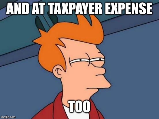 Futurama Fry Meme | AND AT TAXPAYER EXPENSE TOO | image tagged in memes,futurama fry | made w/ Imgflip meme maker