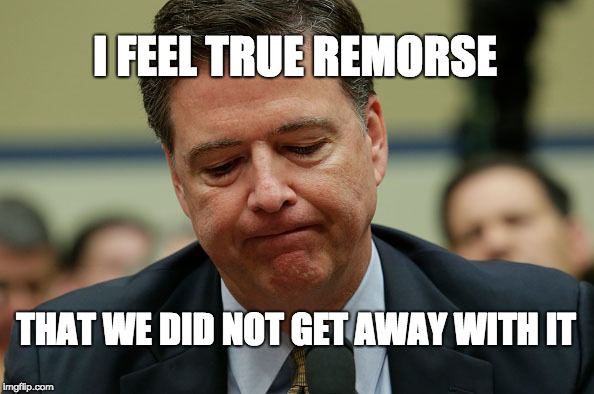 James Comey humiliated | I FEEL TRUE REMORSE; THAT WE DID NOT GET AWAY WITH IT | image tagged in james comey humiliated | made w/ Imgflip meme maker