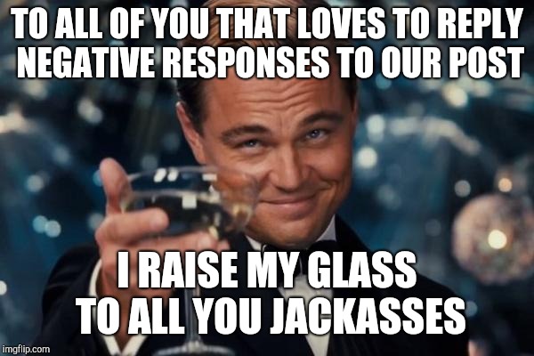 Leonardo Dicaprio Cheers Meme | TO ALL OF YOU THAT LOVES TO REPLY NEGATIVE RESPONSES TO OUR POST; I RAISE MY GLASS TO ALL YOU JACKASSES | image tagged in memes,leonardo dicaprio cheers | made w/ Imgflip meme maker