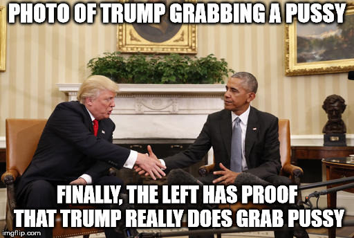 PHOTO OF TRUMP GRABBING A PUSSY; FINALLY, THE LEFT HAS PROOF THAT TRUMP REALLY DOES GRAB PUSSY | image tagged in trump obama handshake | made w/ Imgflip meme maker