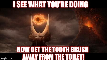 Your Mother sees all! | I SEE WHAT YOU'RE DOING; NOW GET THE TOOTH BRUSH AWAY FROM THE TOILET! | image tagged in memes,eye of sauron,moms,funny because it's true,funny | made w/ Imgflip meme maker