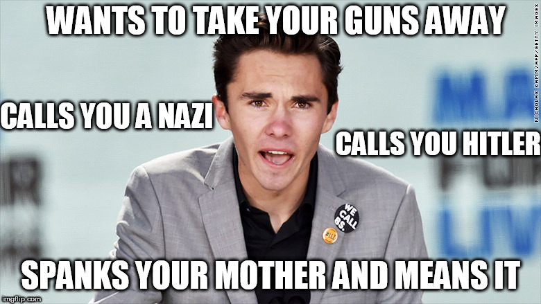 The "Bad Guy" | WANTS TO TAKE YOUR GUNS AWAY; CALLS YOU A NAZI; CALLS YOU HITLER; SPANKS YOUR MOTHER AND MEANS IT | image tagged in gun control,david hogg,arrogance | made w/ Imgflip meme maker