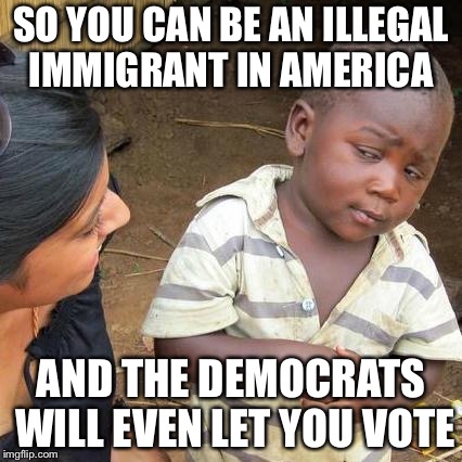 Third World Skeptical Kid Meme | SO YOU CAN BE AN ILLEGAL IMMIGRANT IN AMERICA; AND THE DEMOCRATS WILL EVEN LET YOU VOTE | image tagged in memes,third world skeptical kid | made w/ Imgflip meme maker