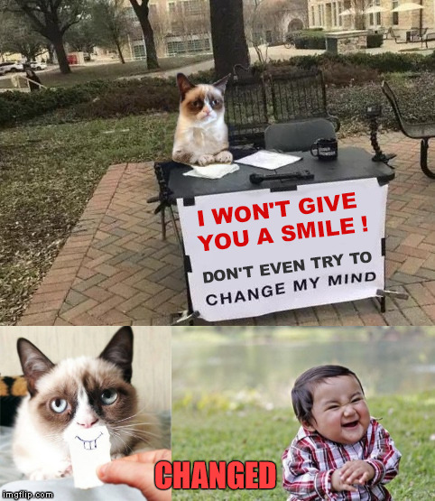 "The Battle between Grump and Evil"   (a Socrates recaption) |  I WON'T GIVE YOU A SMILE ! DON'T EVEN TRY TO; CHANGED | image tagged in change my mind,grumpy cat smile,evil toddler,memes | made w/ Imgflip meme maker