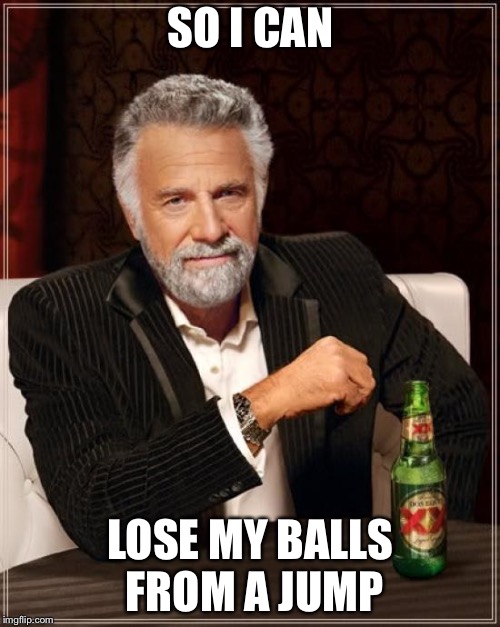 The Most Interesting Man In The World Meme | SO I CAN LOSE MY BALLS FROM A JUMP | image tagged in memes,the most interesting man in the world | made w/ Imgflip meme maker