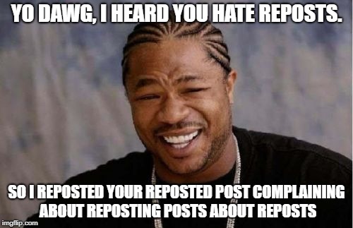 Yo Dawg Heard You Meme | YO DAWG, I HEARD YOU HATE REPOSTS. SO I REPOSTED YOUR REPOSTED POST COMPLAINING ABOUT REPOSTING POSTS ABOUT REPOSTS | image tagged in memes,yo dawg heard you | made w/ Imgflip meme maker