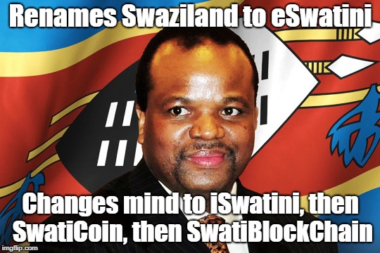 Trying to catch up with profitable name changes | Renames Swaziland to eSwatini; Changes mind to iSwatini, then SwatiCoin, then SwatiBlockChain | image tagged in bitcoin | made w/ Imgflip meme maker