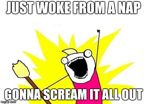 X All The Y | JUST WOKE FROM A NAP; GONNA SCREAM IT ALL OUT | image tagged in memes,x all the y | made w/ Imgflip meme maker