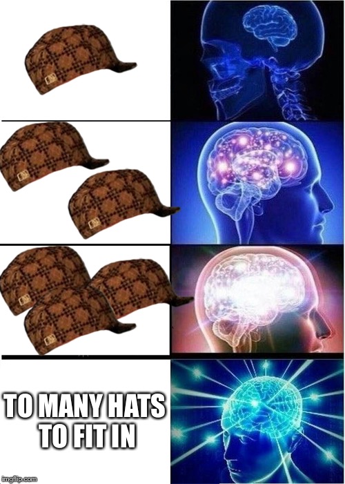 Expanding Brain Meme | TO MANY HATS TO FIT IN | image tagged in memes,expanding brain,scumbag | made w/ Imgflip meme maker
