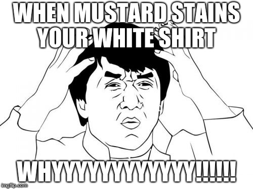 Jackie Chan WTF | WHEN MUSTARD STAINS YOUR WHITE SHIRT; WHYYYYYYYYYYYY!!!!!! | image tagged in memes,jackie chan wtf | made w/ Imgflip meme maker