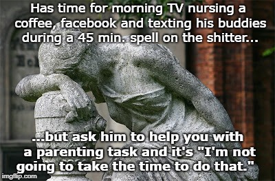 shake my head SMH | Has time for morning TV nursing a coffee, facebook and texting his buddies during a 45 min. spell on the shitter... ...but ask him to help you with a parenting task and it's "I'm not going to take the time to do that." | image tagged in shake my head smh | made w/ Imgflip meme maker