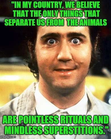 Hey, it's like here |  "IN MY COUNTRY, WE BELIEVE THAT THE ONLY THINGS THAT SEPARATE US FROM
 THE ANIMALS; ARE POINTLESS RITUALS AND MINDLESS SUPERSTITIONS." | image tagged in taxi | made w/ Imgflip meme maker