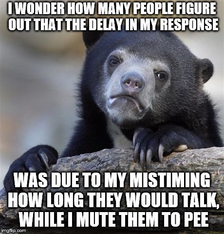 Do you want the cable company to pick up while you're on infini-hold? Try this. "Your wait time is 3 cups of coffee" | I WONDER HOW MANY PEOPLE FIGURE OUT THAT THE DELAY IN MY RESPONSE; WAS DUE TO MY MISTIMING HOW LONG THEY WOULD TALK, WHILE I MUTE THEM TO PEE | image tagged in memes,confession bear,pee,mute | made w/ Imgflip meme maker