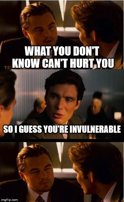 Stupidity Saves | WHAT YOU DON'T KNOW CAN'T HURT YOU; SO I GUESS YOU'RE INVULNERABLE | image tagged in memes,inception,stupidity,safety first,funny,puns | made w/ Imgflip meme maker