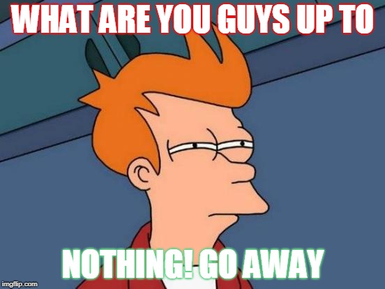 Futurama Fry Meme | WHAT ARE YOU GUYS UP TO; NOTHING! GO AWAY | image tagged in memes,futurama fry | made w/ Imgflip meme maker
