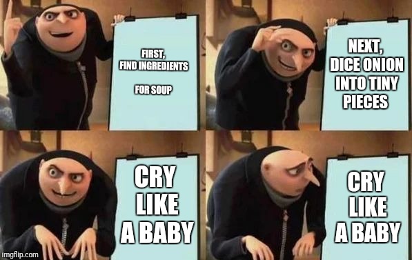 Gru's Plan Meme | FIRST, FIND INGREDIENTS FOR SOUP; NEXT, DICE ONION INTO TINY PIECES; CRY LIKE A BABY; CRY LIKE A BABY | image tagged in gru's plan | made w/ Imgflip meme maker