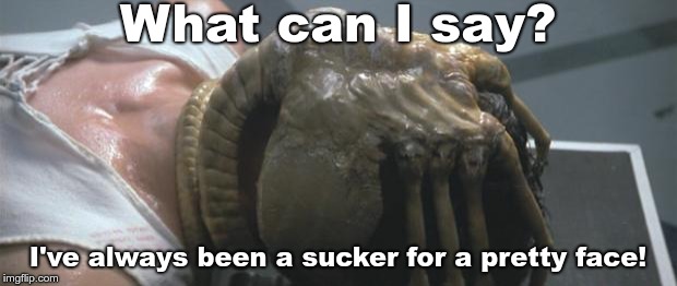 Alien Face Hugger | What can I say? I've always been a sucker for a pretty face! | image tagged in alien face hugger | made w/ Imgflip meme maker