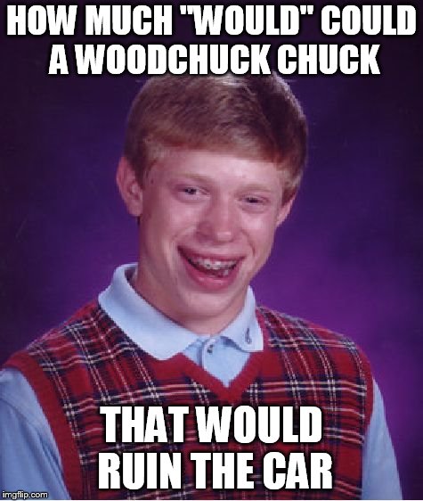 Bad Luck Brian Meme | HOW MUCH "WOULD" COULD A WOODCHUCK CHUCK; THAT WOULD RUIN THE CAR | image tagged in memes,bad luck brian | made w/ Imgflip meme maker