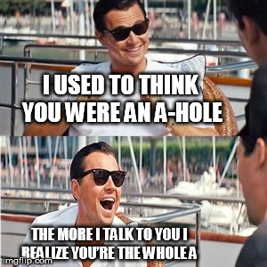 Leo wolf laughing | I USED TO THINK YOU WERE AN A-HOLE; THE MORE I TALK TO YOU I REALIZE YOU’RE THE WHOLE A | image tagged in leo wolf laughing | made w/ Imgflip meme maker