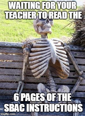 Waiting Skeleton | WAITING FOR YOUR TEACHER TO READ THE; 6 PAGES OF THE SBAC INSTRUCTIONS | image tagged in memes,waiting skeleton | made w/ Imgflip meme maker