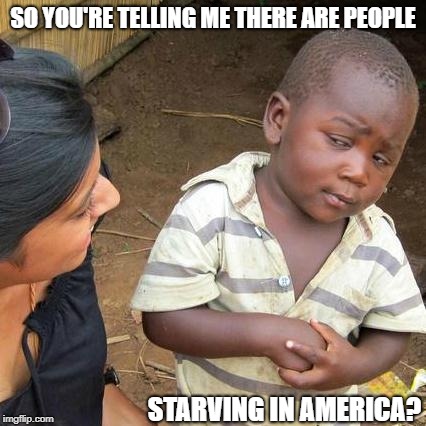 Third World Skeptical Kid | SO YOU'RE TELLING ME THERE ARE PEOPLE; STARVING IN AMERICA? | image tagged in memes,third world skeptical kid | made w/ Imgflip meme maker