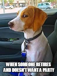 side eye doggie | WHEN SOMEONE RETIRES AND DOESN'T WANT A PARTY | image tagged in side eye doggie | made w/ Imgflip meme maker
