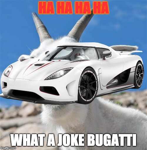 Laughing Goat Meme | HA HA HA HA; WHAT A JOKE BUGATTI | image tagged in memes,laughing goat | made w/ Imgflip meme maker