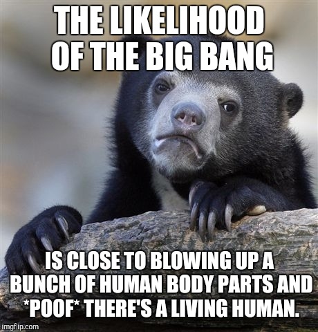Evolution should be called devolution because all the animal traits like strength and speed that would be so useful but | THE LIKELIHOOD OF THE BIG BANG; IS CLOSE TO BLOWING UP A BUNCH OF HUMAN BODY PARTS AND *POOF* THERE'S A LIVING HUMAN. | image tagged in memes,confession bear,evolution,evolution makes no sense,big bang theory | made w/ Imgflip meme maker