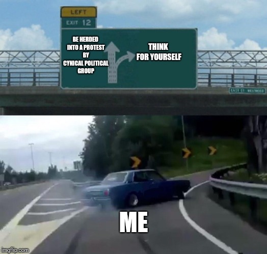 Left Exit 12 Off Ramp Meme | THINK FOR YOURSELF; BE HERDED INTO A PROTEST BY CYNICAL POLITICAL GROUP; ME | image tagged in memes,left exit 12 off ramp | made w/ Imgflip meme maker