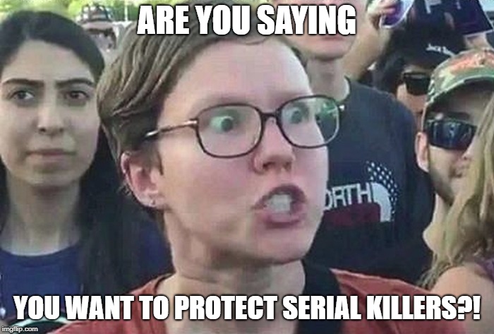 Triggered Liberal | ARE YOU SAYING; YOU WANT TO PROTECT SERIAL KILLERS?! | image tagged in triggered liberal,gun control,mass shootings,serial killer,make donald drumpf again | made w/ Imgflip meme maker