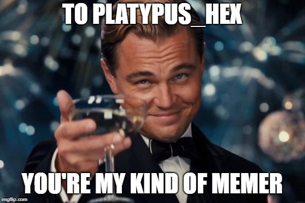 Leonardo Dicaprio Cheers Meme | TO PLATYPUS_HEX YOU'RE MY KIND OF MEMER | image tagged in memes,leonardo dicaprio cheers | made w/ Imgflip meme maker