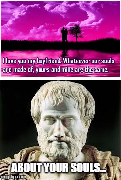When philosophy meets love... | ABOUT YOUR SOULS... | image tagged in philosophy,aristotle,soul,purple,love | made w/ Imgflip meme maker