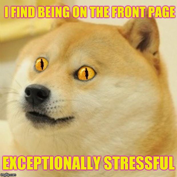 Doge Snake Eyes | I FIND BEING ON THE FRONT PAGE EXCEPTIONALLY STRESSFUL | image tagged in doge snake eyes,doge,front page | made w/ Imgflip meme maker