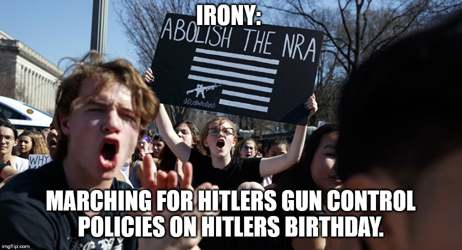 Irony | IRONY:; MARCHING FOR HITLERS GUN CONTROL POLICIES ON HITLERS BIRTHDAY. | image tagged in hitler,gun control,guns,irony | made w/ Imgflip meme maker
