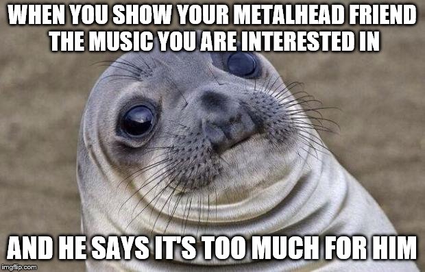 Awkward Moment Sealion Meme | WHEN YOU SHOW YOUR METALHEAD FRIEND THE MUSIC YOU ARE INTERESTED IN; AND HE SAYS IT'S TOO MUCH FOR HIM | image tagged in memes,awkward moment sealion | made w/ Imgflip meme maker