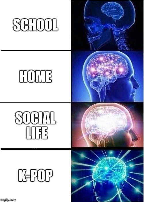 Expanding Brain | SCHOOL; HOME; SOCIAL LIFE; K-POP | image tagged in memes,expanding brain | made w/ Imgflip meme maker