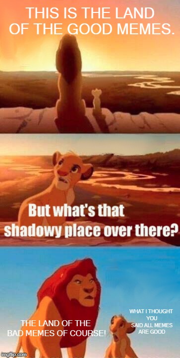 Simba Shadowy Place | THIS IS THE LAND OF THE GOOD MEMES. WHAT I THOUGHT YOU SAID ALL MEMES ARE GOOD; THE LAND OF THE BAD MEMES OF COURSE! | image tagged in memes,simba shadowy place | made w/ Imgflip meme maker