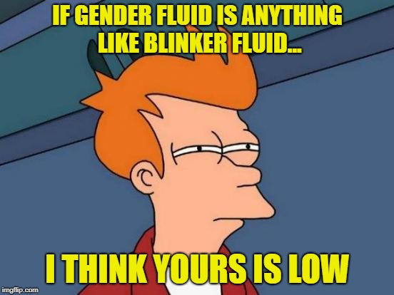 Gender fluid is like Blinker fluid | IF GENDER FLUID IS ANYTHING LIKE BLINKER FLUID... I THINK YOURS IS LOW | image tagged in futurama fry,gender fluid,gender identity | made w/ Imgflip meme maker