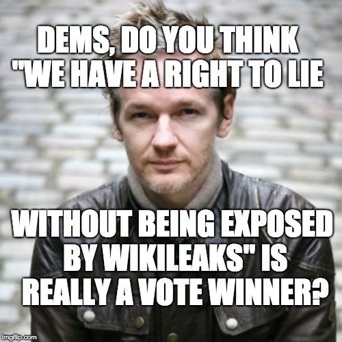  DEMS, DO YOU THINK "WE HAVE A RIGHT TO LIE; WITHOUT BEING EXPOSED BY WIKILEAKS" IS REALLY A VOTE WINNER? | image tagged in julian assange | made w/ Imgflip meme maker