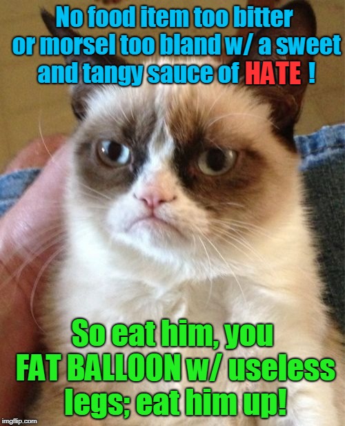 To Fat Cat on "Angry Cat": | No food item too bitter or morsel too bland w/ a sweet and tangy sauce of  HATE  ! HATE; So eat him, you FAT BALLOON w/ useless legs; eat him up! | image tagged in memes,grumpy cat,angry cat | made w/ Imgflip meme maker