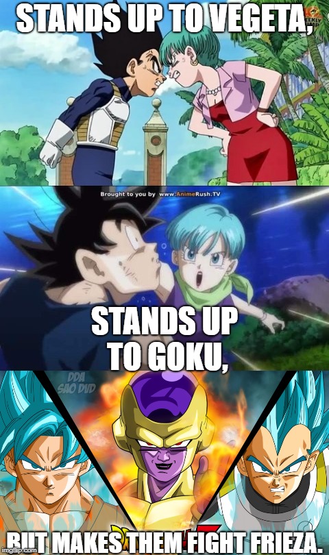 bulma in charge. | STANDS UP TO VEGETA, STANDS UP TO GOKU, BUT MAKES THEM FIGHT FRIEZA. | image tagged in girl power | made w/ Imgflip meme maker