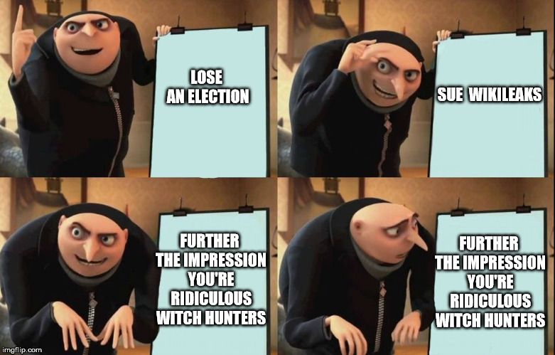 Gru's Plan Meme | SUE 
WIKILEAKS; LOSE AN ELECTION; FURTHER THE IMPRESSION YOU'RE RIDICULOUS WITCH HUNTERS; FURTHER THE IMPRESSION YOU'RE RIDICULOUS WITCH HUNTERS | image tagged in despicable me diabolical plan gru template | made w/ Imgflip meme maker
