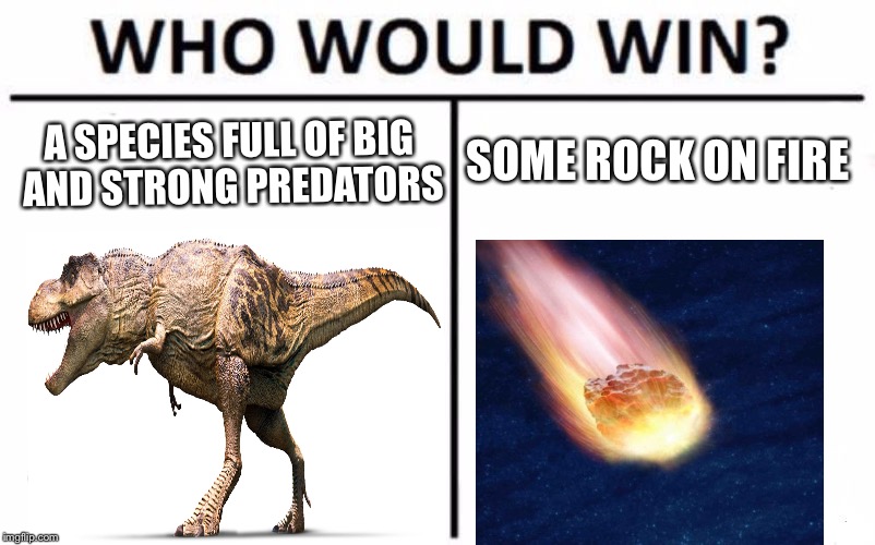 Who Would Win? Meme | SOME ROCK ON FIRE; A SPECIES FULL OF BIG AND STRONG PREDATORS | image tagged in memes,who would win,t rex,dinosaur,meteor,asteroid | made w/ Imgflip meme maker