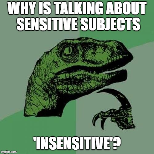 Philosoraptor Meme | WHY IS TALKING ABOUT SENSITIVE SUBJECTS; 'INSENSITIVE'? | image tagged in memes,philosoraptor | made w/ Imgflip meme maker