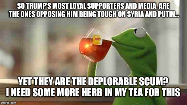 Kermit sipping tea | SO TRUMP’S MOST LOYAL SUPPORTERS AND MEDIA, ARE THE ONES OPPOSING HIM BEING TOUGH ON SYRIA AND PUTIN... YET THEY ARE THE DEPLORABLE SCUM? I NEED SOME MORE HERB IN MY TEA FOR THIS | image tagged in kermit sipping tea | made w/ Imgflip meme maker
