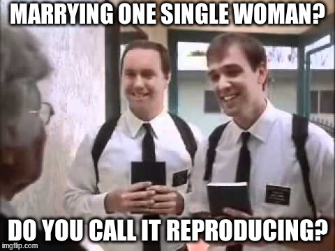 Mormons at Door | MARRYING ONE SINGLE WOMAN? DO YOU CALL IT REPRODUCING? | image tagged in mormons at door | made w/ Imgflip meme maker