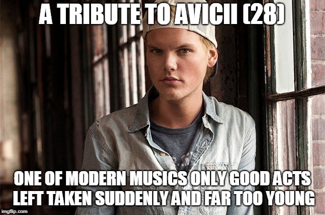 R.I.P Avicii | A TRIBUTE TO AVICII (28); ONE OF MODERN MUSICS ONLY GOOD ACTS LEFT TAKEN SUDDENLY AND FAR TOO YOUNG | image tagged in avicii,tribute,rip,music | made w/ Imgflip meme maker