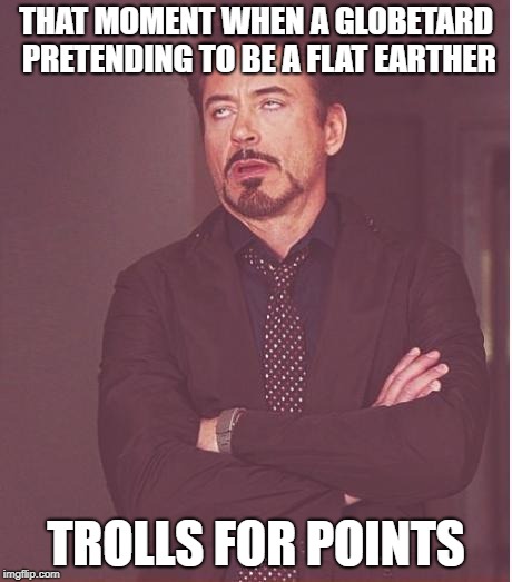 Face You Make Robert Downey Jr Meme | THAT MOMENT WHEN A GLOBETARD PRETENDING TO BE A FLAT EARTHER TROLLS FOR POINTS | image tagged in memes,face you make robert downey jr | made w/ Imgflip meme maker