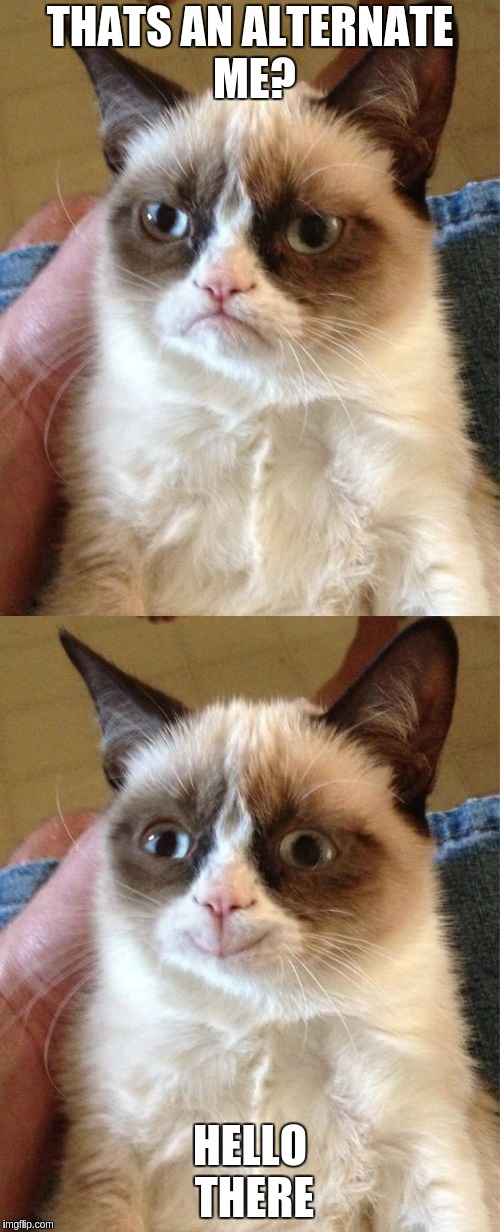 Grumpy Cat meets Grumpy Cat Reverse | THATS AN ALTERNATE ME? HELLO THERE | image tagged in grumpy cat,memes,grumpy cat reverse | made w/ Imgflip meme maker