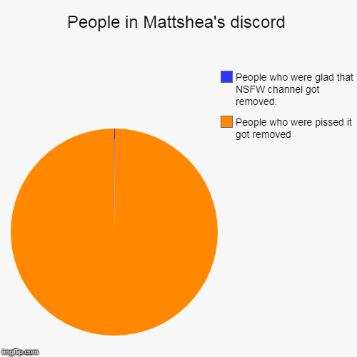 People in Mattshea's discord | People who were pissed it got removed, People who were glad that NSFW channel got removed. | image tagged in funny,pie charts | made w/ Imgflip chart maker